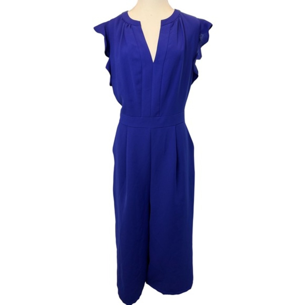 Vince Camuto Sz 14 Cobalt Blue Ruffle Wide Leg Jumpsuit Minimalist Dressy Luxury